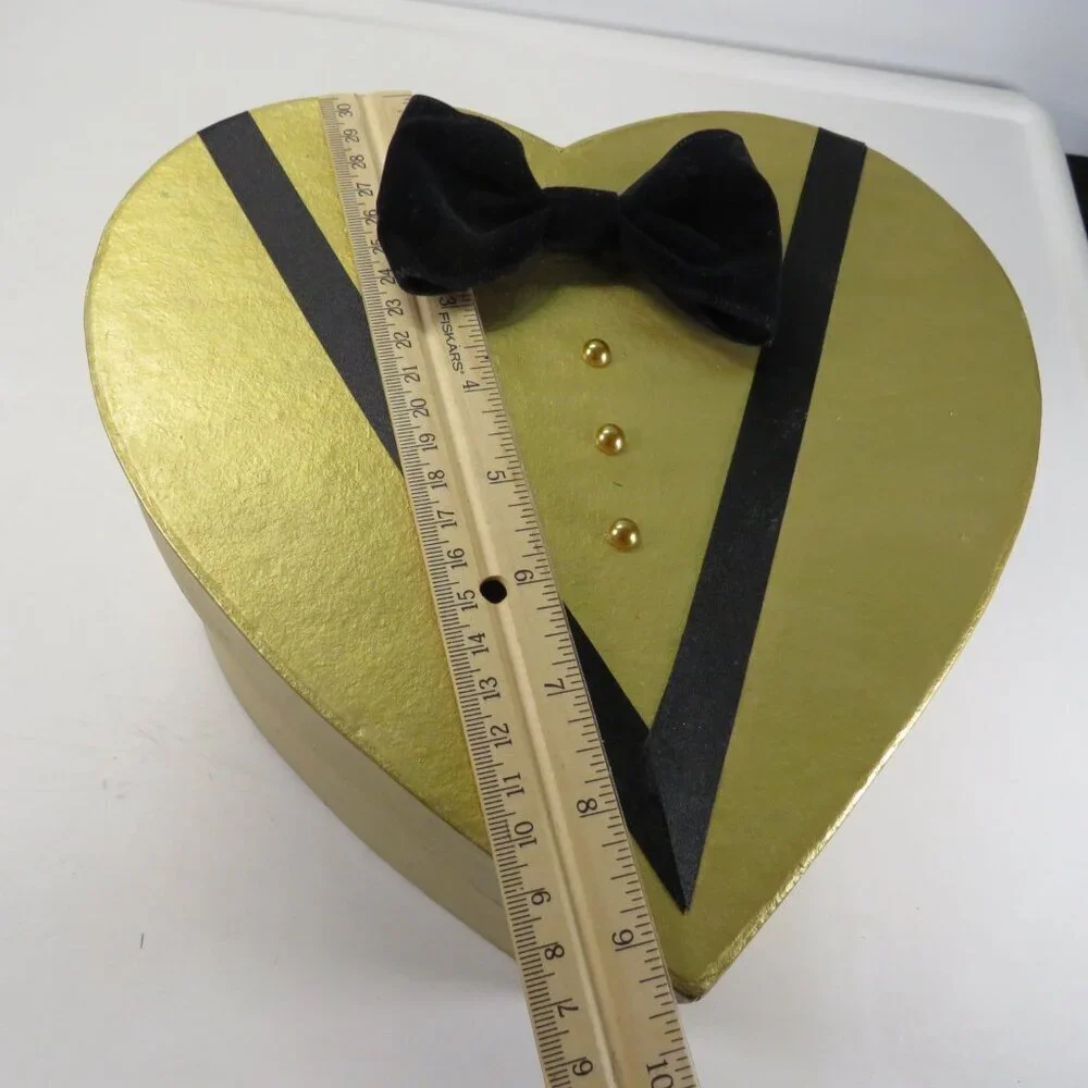 Gold Tux Heart Gift Box w velvet bow tie & pearl dots 9.5